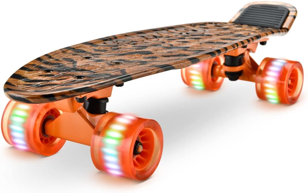 Standard Skateboard Mini  - 6''  Deck Complete Double Kick Skate Board w/ 3.25" Aluminum Alloy Truck,  Wheels w/ Light - for Kids, Teens, Adults (Tiger)
