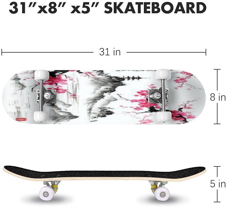 Landscape with Branches Lake and Hills in Traditional Japanese Skateboard 31"x8" Double-Warped Skateboards Outdoor Street Sports Skateboard for Beginners Professionals Cool Adult Teen Gifts