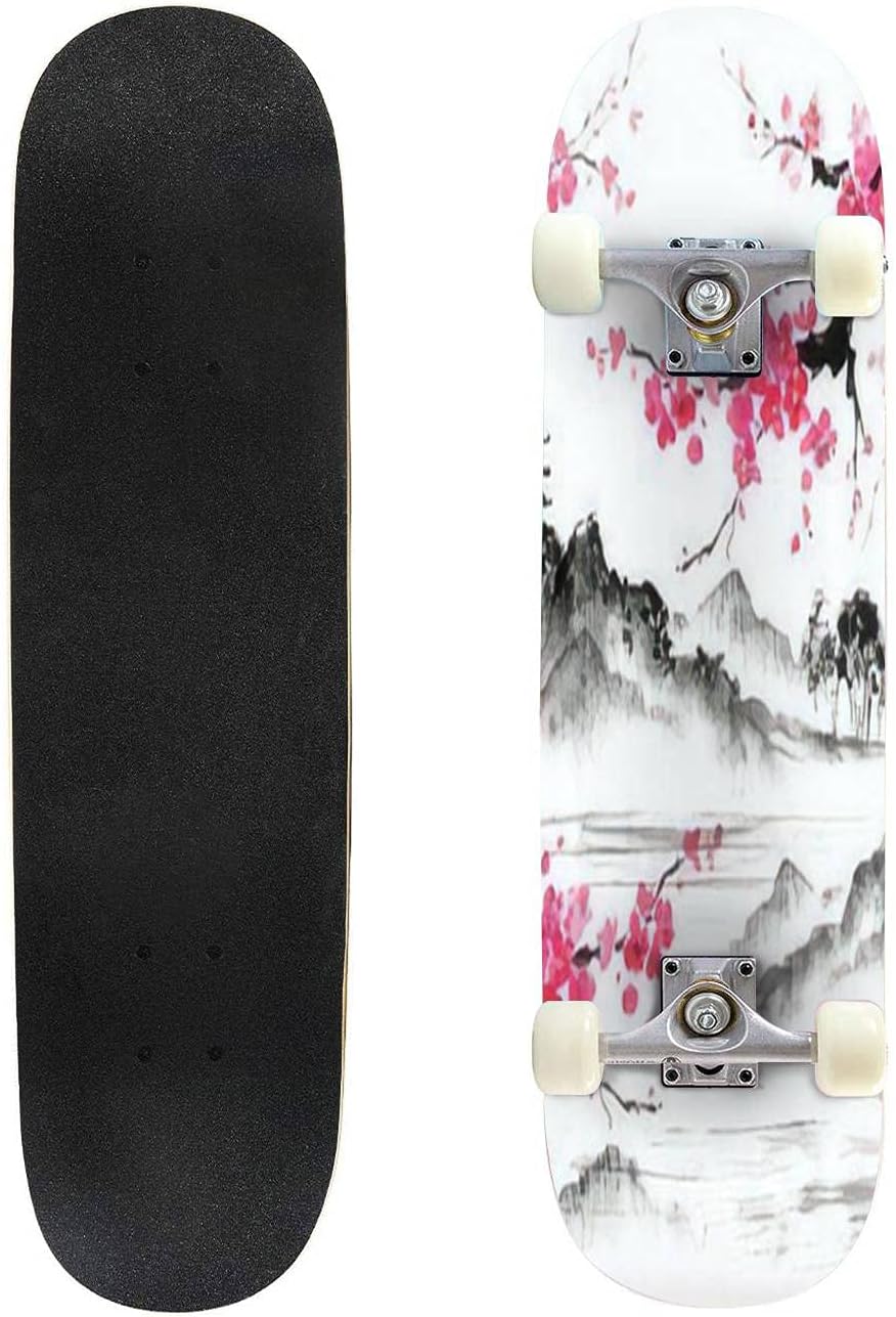 Landscape with Branches Lake and Hills in Traditional Japanese Skateboard 31"x8" Double-Warped Skateboards Outdoor Street Sports Skateboard for Beginners Professionals Cool Adult Teen Gifts