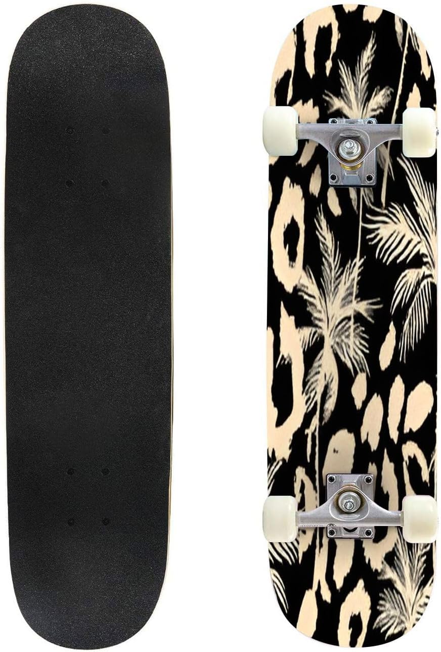 Watercolor Flowers Pattern red Tropical Elements Green Leaves Yellow Skateboards for Beginners 31"x8" Maple Double Kick Concave Boards Complete Skateboards Outdoor for Adults Youths Kids Teens Gifts