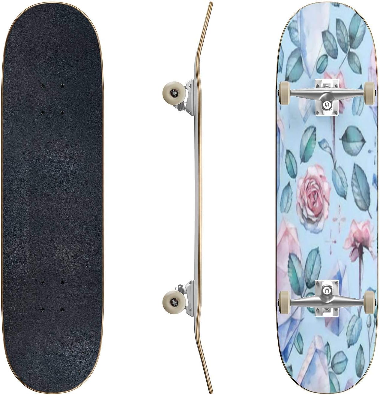 Skateboards Traditional Tattoo with Rose Flowers and Dagger Knife Colorful Tattoo Classic Concave Skateboard Cool Stuff Teen Gifts Longboard Extreme Sports for Beginners and Professionals