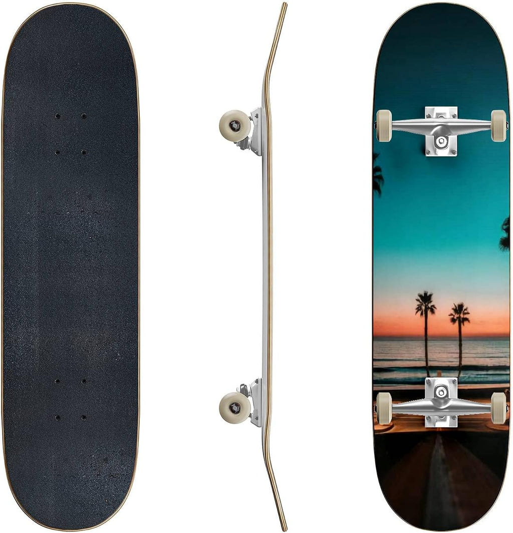 Skateboards Beautiful Colorful Tropical Sunset with Palm Trees Classic Concave Skateboard Cool Stuff Teen Gifts Longboard Extreme Sports for Beginners and Professionals