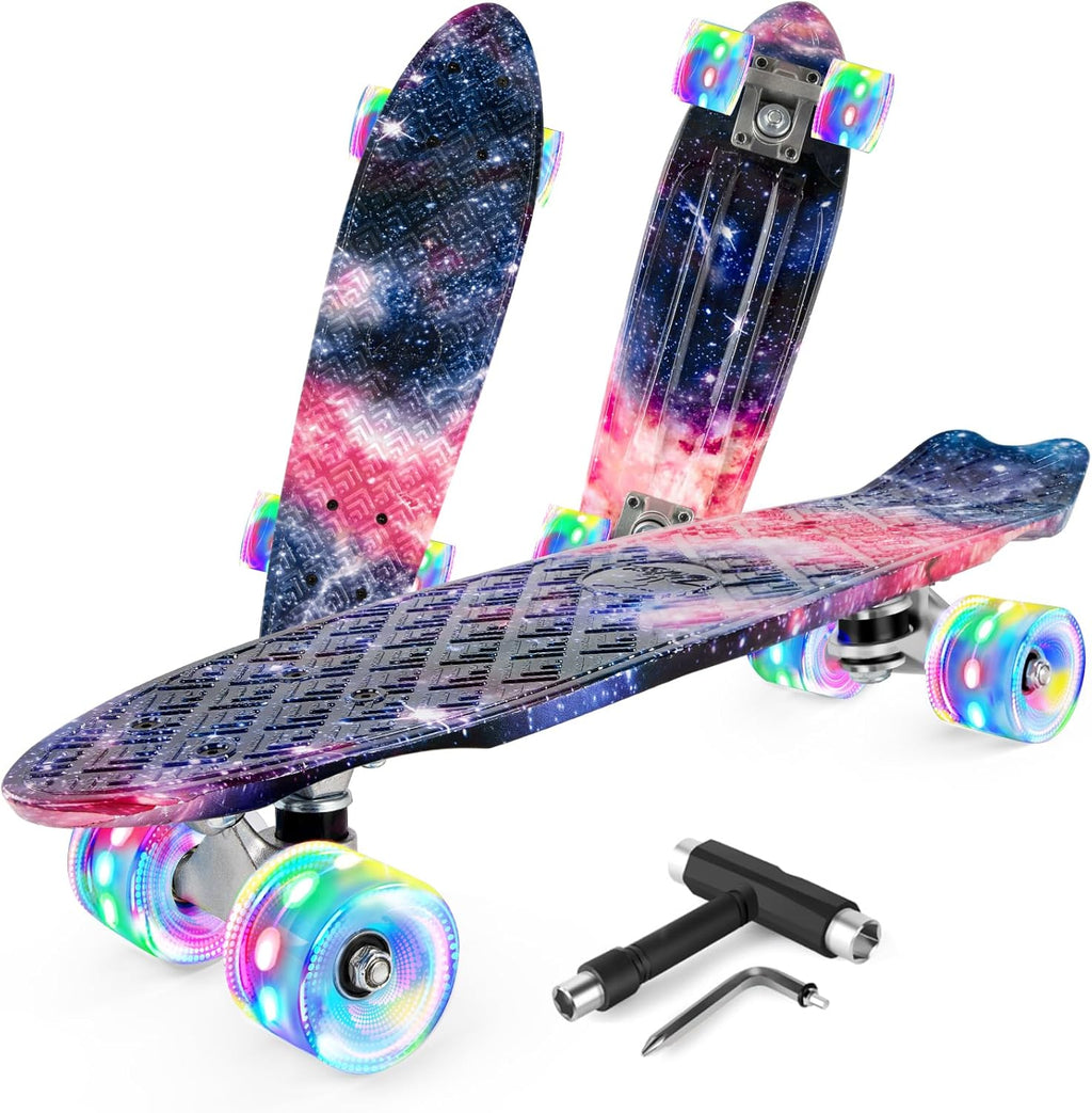 22 inch Skateboards for Kids, Cruiser Skateboard for Beginners Girls Boys Teens Adults, Mini Skateboards Classic Complete Skate Board with Skate T-Tool, Max Load 220 LBS