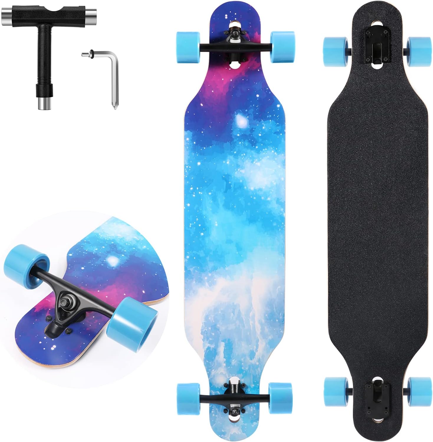 Longboard Skateboard, 41 Inch Drop Through Longboard Complete 9-Ply Nature Maple Premium  Long Board for Adults, Teens and Kids - High-Speed Bearings & T-Tool