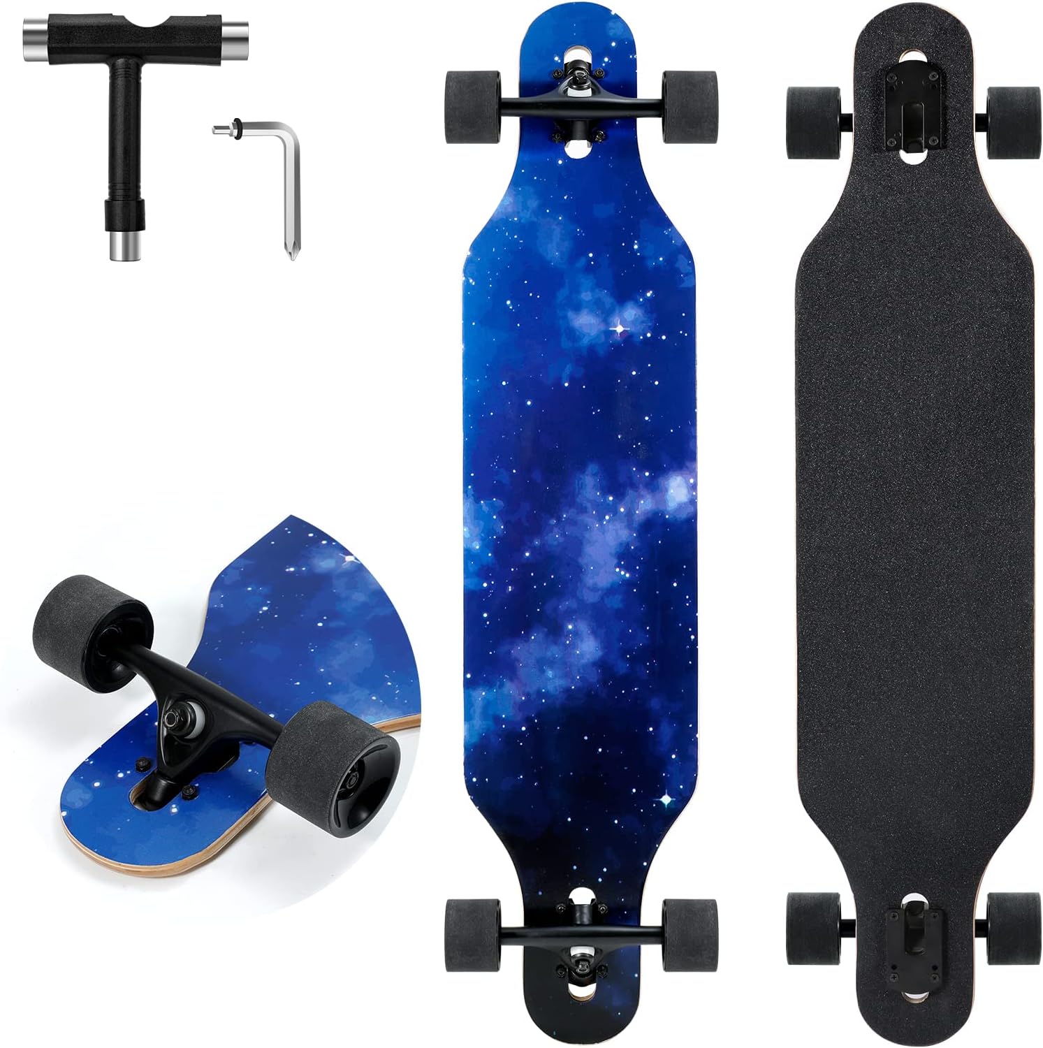Longboard Skateboard, 41 Inch Drop Through Longboard Complete 9-Ply Nature Maple Premium  Long Board for Adults, Teens and Kids - High-Speed Bearings & T-Tool