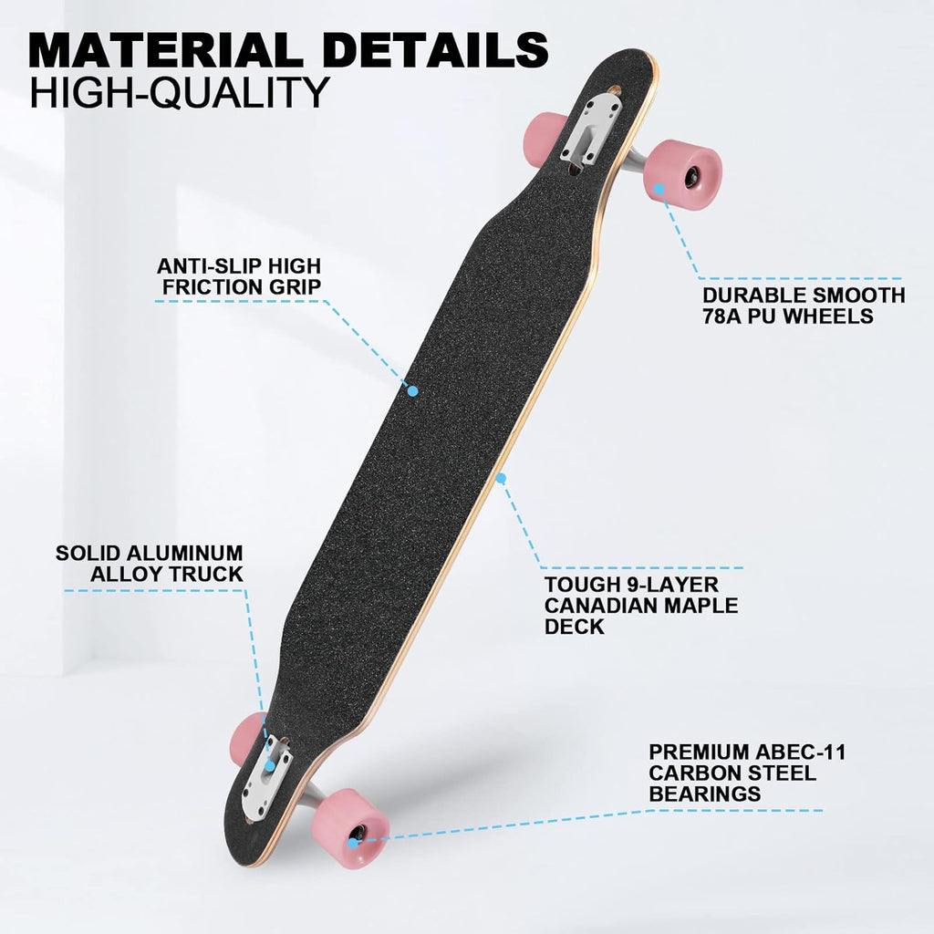 Longboard Skateboard, 41 Inch Drop Through Longboard Complete 9-Ply Nature Maple Premium  Long Board for Adults, Teens and Kids - High-Speed Bearings & T-Tool
