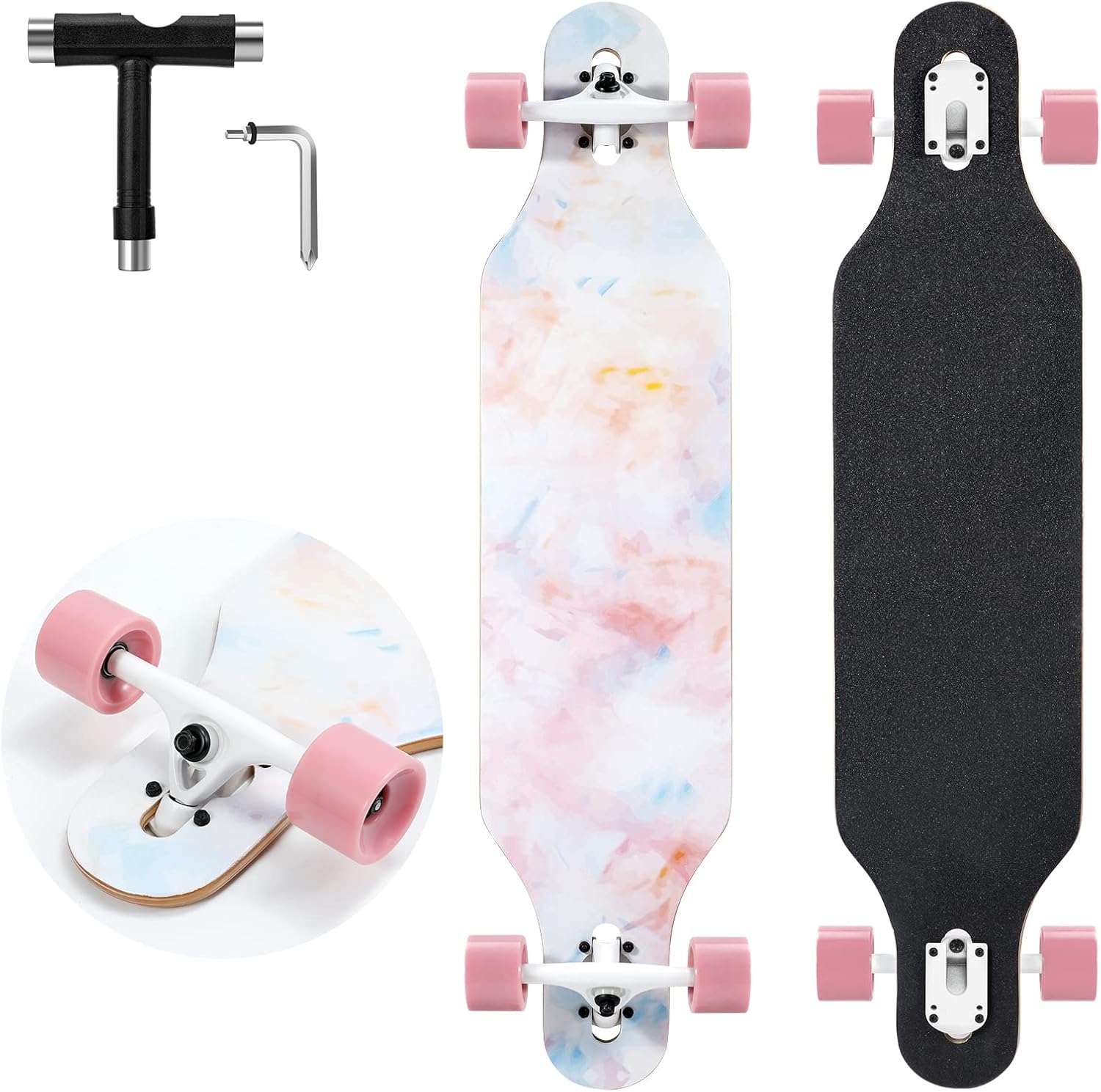 Longboard Skateboard, 41 Inch Drop Through Longboard Complete 9-Ply Nature Maple Premium  Long Board for Adults, Teens and Kids - High-Speed Bearings & T-Tool