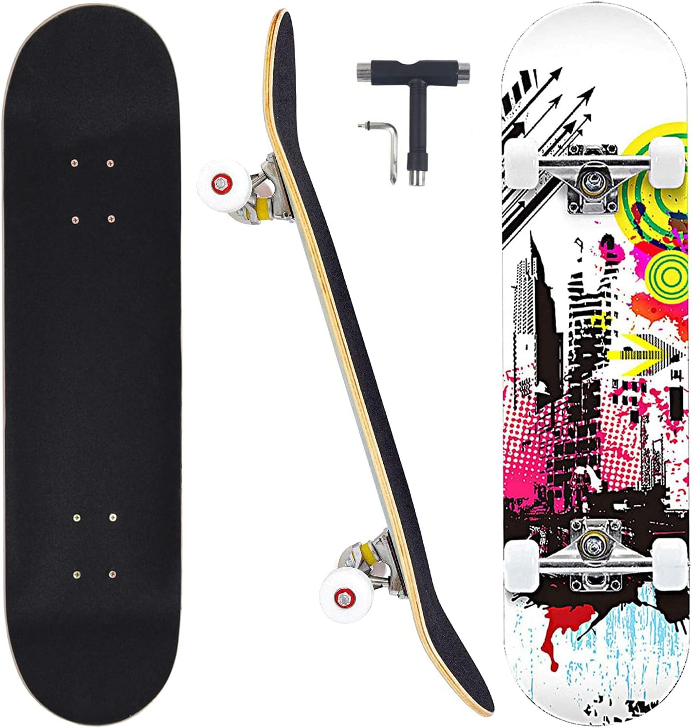 Skateboards for Beginners Adults Youths Teens Kids Girls Boys 31 Inch Pro Complete Skate Boards 7 Layer Canadian Maple Double Kick Concave Longboards