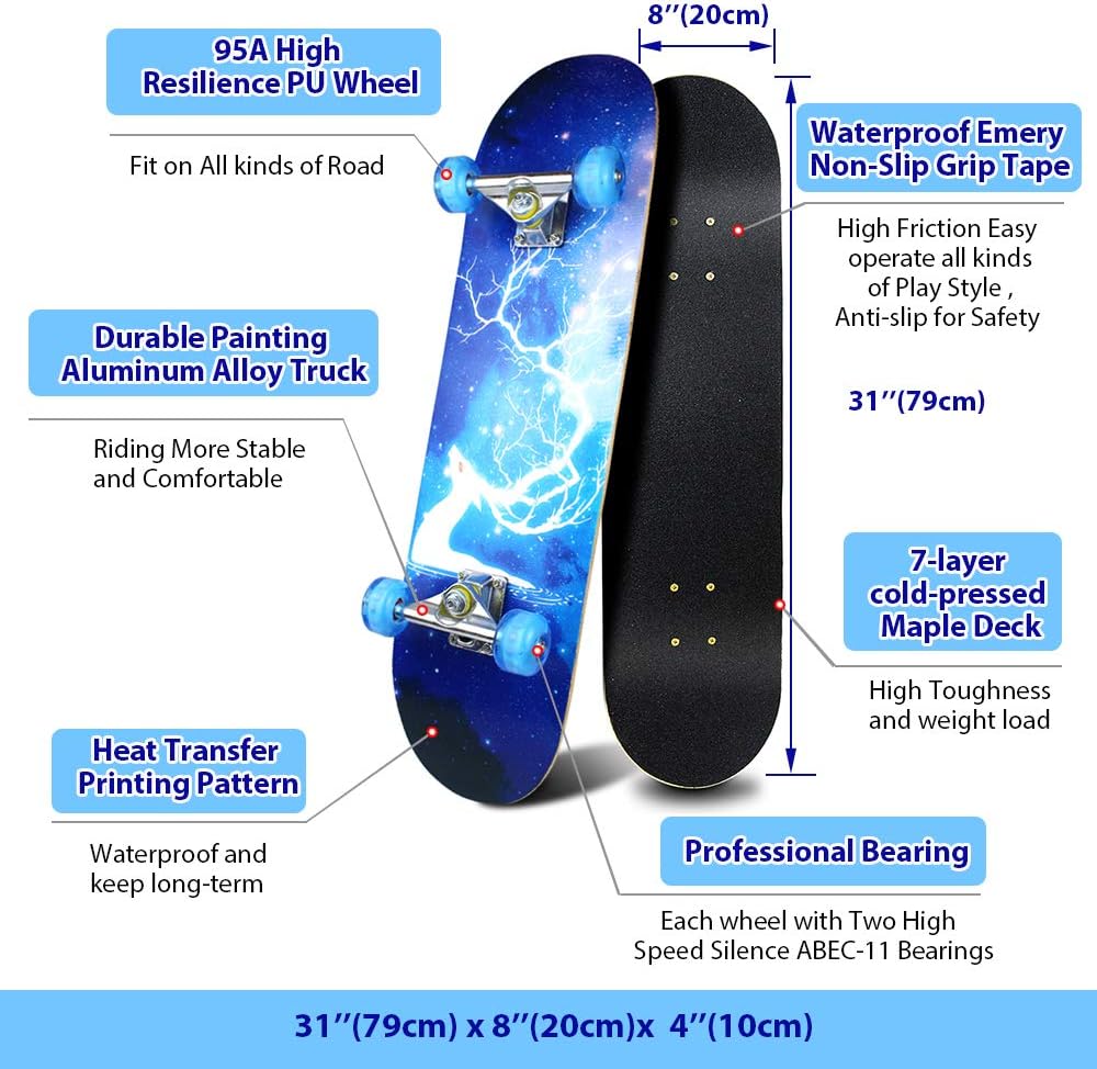 Standard for Beginners Kids Boys Girls Teenager- 31''x 8''Canadian Maple  Pro Skate Board,