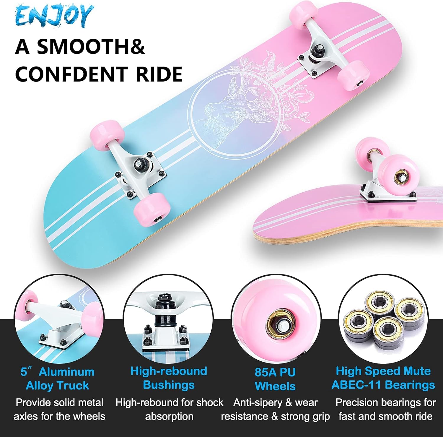 Skateboard,31 x 8 Inch Complete Skateboard, 8-Layer Maple Wood Deck Double Kick Standard for Kids, Teens, Adult, Beginner