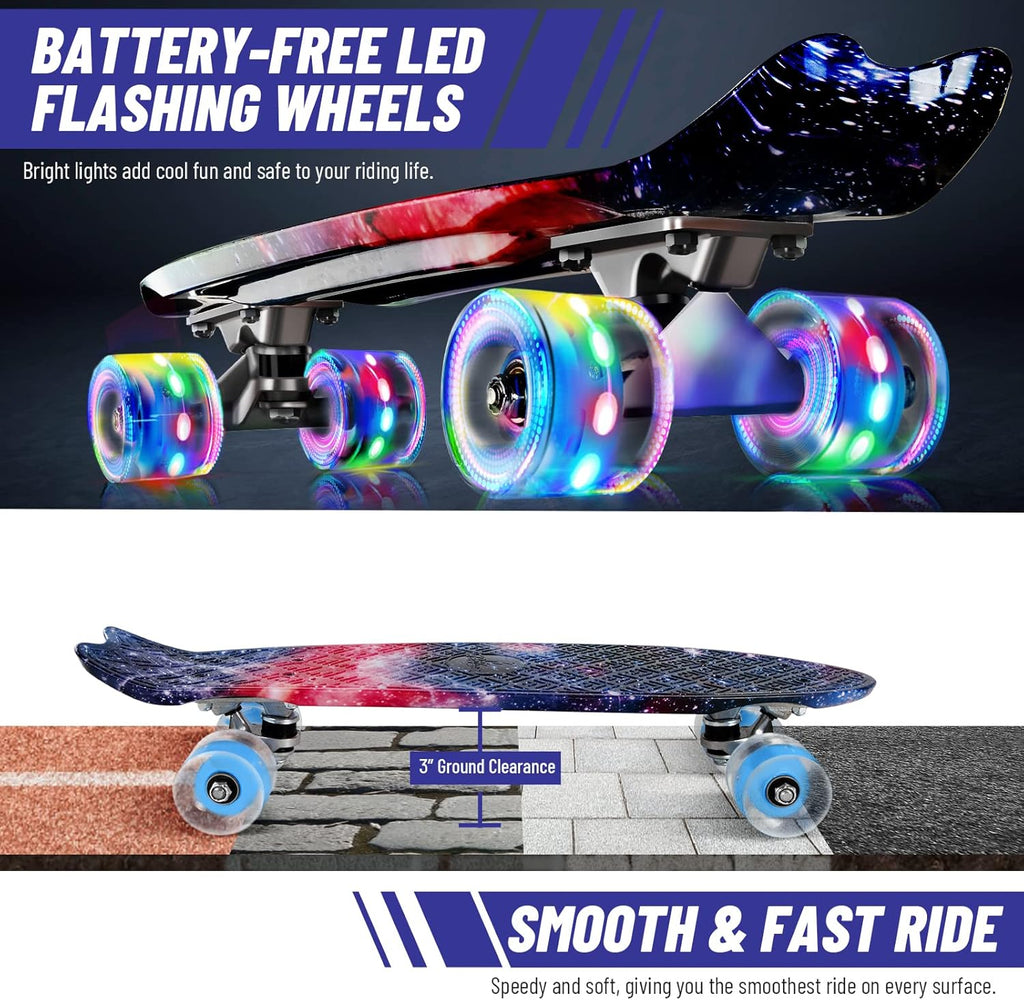 22 inch Skateboards for Kids, Cruiser Skateboard for Beginners Girls Boys Teens Adults, Mini Skateboards Classic Complete Skate Board with Skate T-Tool, Max Load 220 LBS
